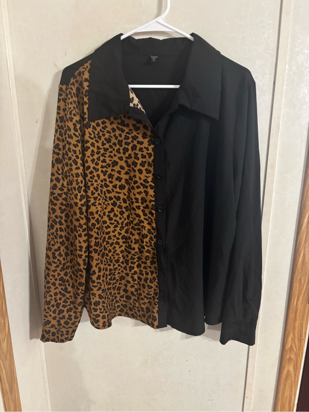 SHEIN women’s Two-Tone Leopard Button-Up Shirt Jacket - Black & Brown